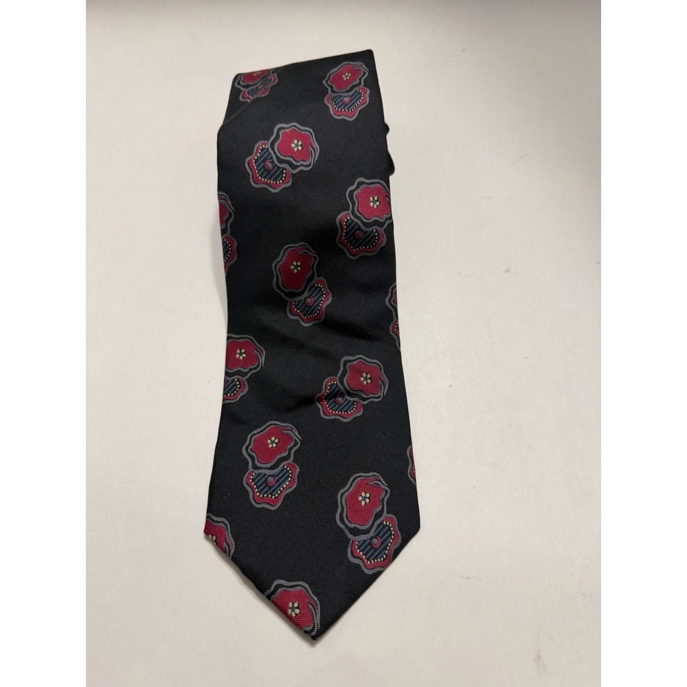 Envoy Mens Silk Necktie Black Red Grey Floral Poppy Pattern Classic 56 Inch